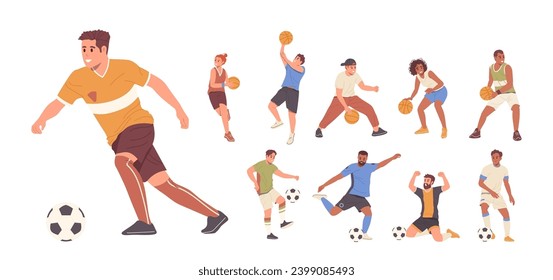 Sport game set with happy people athletes cartoon characters playing basketball and football