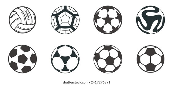 Colección de íconos de la pelota de fútbol deportiva. Bolas de fútbol de color negro.