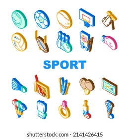 Sport Game Sportsman Activity Icons Set Vector. Rugby American Football And Soccer, Golf Cricket, Baseball Tennis, Basketball Volleyball Sport. Sportive Equipment Isometric Sign Color Illustrations