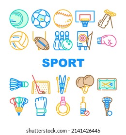 Sport Game Sportsman Activity Icons Set Vector. Rugby American Football And Soccer, Golf And Cricket, Baseball And Tennis, Basketball And Volleyball Sport. Sportive Equipment Color Illustrations