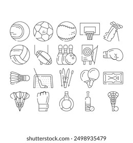 Juego de deportes Sportsman Activity Icons Set Vector. Rugby Fútbol Americano Y Fútbol, Golf Y Cricket, Béisbol, Tenis, Baloncesto Y Voleibol Deporte. Equipo deportivo Negro Contorno Ilustraciones