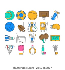 Juego de deportes Sportsman Activity Icons Set Vector. Rugby Fútbol Americano Y Fútbol, Golf Y Cricket, Béisbol, Tenis, Baloncesto Y Voleibol Deporte. Ilustraciones de contorno de color de equipo deportivo