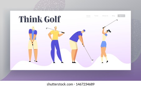 Sport Game, Tournament, Summer Luxury Recreation. Website Landing Page, Group of People in Sports Uniform Playing Golf with Professional Equipment, Web Page. Cartoon Flat Vector Illustration, Banner