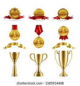Sport or game trophy set. Gold reward badges and award cups for achievement of best success winner vector rating number medal image
