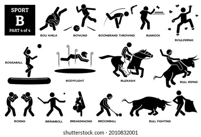 Sportspiele Alphabet B Vektorsymbole Piktogramm. Boli Khela, Bowling, Boomerang, Bumernock, Boulting, Bossaball, Bodyflight, Buzkashi, Reiten Kämpfe, Boxen, Boxen, Brainboll, Breakdance und Broomball.