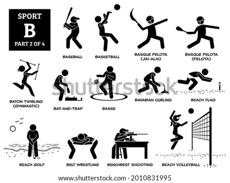 Sport games alphabet B vector icons pictogram. Baseball, basque pelota, basse, bat and trap, baton twirling, Bavarian curling, beach flag, golf, belt wrestling, benchrest shooting, and volleyball.