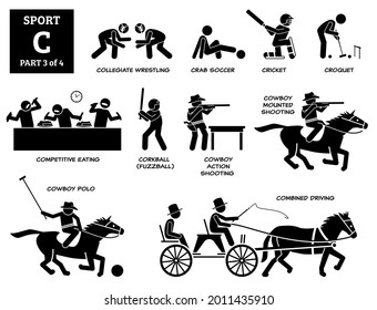 Sport Games Alphabet C Vector Icons Pictogram. Collegiate Wrestling, Crab Soccer, Cricket, Croquet, Competitive Eating, Corkball Fuzzball, Cowboy Action Shooting, Mounted Polo, And Combined Driving. 