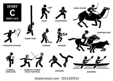 Sport games alphabet C vector icons pictogram. Calva, calisthenics, camel racing, candlepin bowling, caber toss, cammag, camogie, campdrafting, caneball chinlone, canne de combat, capoeira, canoeing.