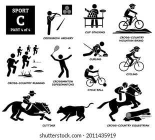 Sport games alphabet C vector icons pictogram. Crossbow archery, cup stacking, cross country mountain biking, running, crossminton speedminton, cycle ball, curling, cycling, cutting, and equestrian.