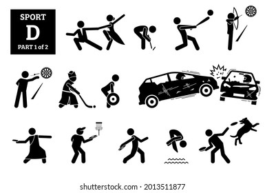 Sport games alphabet D vector icons pictogram.