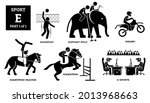 Sport games alphabet E vector icons pictogram. Ecuavoley, elephant polo, enduro, equestrian vaulting, equestrian, and E-sport.