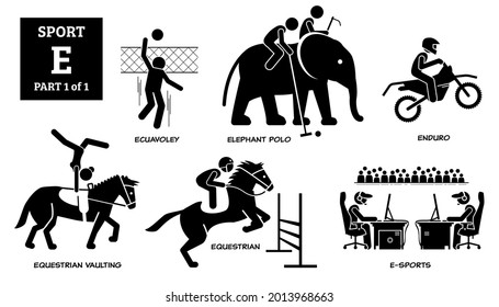 Sport games alphabet E vector icons pictogram. Ecuavoley, elephant polo, enduro, equestrian vaulting, equestrian, and E-sport.