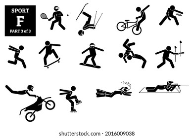 Sport games alphabet F vector icons pictogram. Freestyle skiing, freestyle biking, flying disc, free running, skateboarding, snowboarding, wrestling, motocross, slalom skating, and freediving.