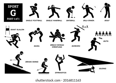 Sport games alphabet G vector icons pictogram. Gaelic football, handball, gateball, gillidanda, golf, giant slalom, glima, greco-roman wrestling, gorodki, guts, grass skiing, gymnastics, and gliding.