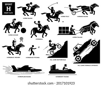 Sport games alphabet H vector icons pictogram. Horse racing, polo, soccer, harness racing, horseball, horseback archery, pitching, hill climb motorcycle, formula offroad, hydroplane, and hovercraft.