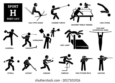 Sport games alphabet H vector icons pictogram. Half-pipe skiing, hammer throw, header table tennis, diving, handball, hornussen, high jump, high bar, hitball, hockey, hurling, hurdles, and hunting.