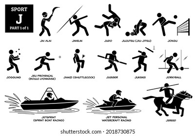 Sport games alphabet J vector icons pictogram. Jai alai, javelin, judo, jujutsu, jiu-jitsu, jokgu, joggling, jugger, jukskei, jorkyball, jetsprint, sprint boat racing, PWC racing, and jereed. 