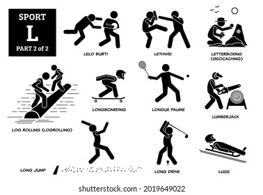 Pictograma de iconos vectoriales L de juegos deportivos. Lelo burti, lethwei, letterboxing, geocaching, rodadura de troncos, logrollling, longboarding, longue paume, lumberjack, salto largo, largo recorrido y luge.