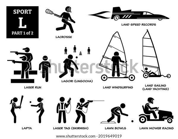 Sport games alphabet L vector icons pictogram.
Lacrosse, land speed records, laser run, lagori, land windsurfing,
land sailing yachting, lapta, laser tag skirmish, lawn bowls, and
lawn mower racing. 