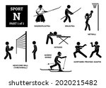 Sport games alphabet N vector icons pictogram. Naginatajutsu, ninjutsu, netball, novuss, newcomb ball, throwball, nordic skiing, and northern praying mantis.