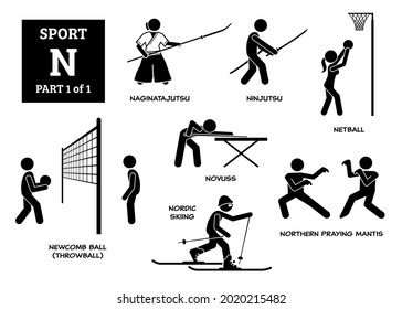 Sport games alphabet N vector icons pictogram. Naginatajutsu, ninjutsu, netball, novuss, newcomb ball, throwball, nordic skiing, and northern praying mantis.