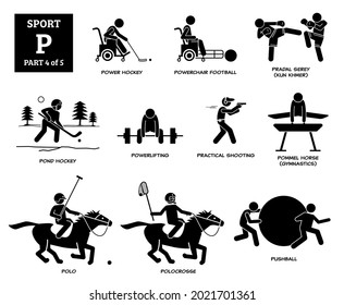 Sport games alphabet P vector icons pictogram. Power hockey, powerchair football, pradal serey, pond hockey, powerlifting, practical shooting, pommel horse, horse polo, polocrosse, and pushball.