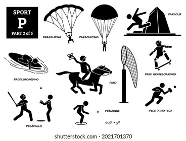 Sportspiele Alphabet P Vektorsymbole Piktogramm. Paragliding, Fallschirmspringen, Parkour, Paddleboarding, Pato, Parkskateboard, Pesapallo, Petanque und Pelota mixteca. 