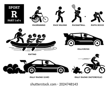 Sport games alphabet R vector icons pictogram. Racerunning, race walking, racquetball, raffa bocce, rafting, rallycross, rally racing car, and rally racing motorcycle. 