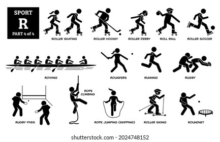 Sport games alphabet R vector icons pictogram. Roller skating, roller hockey, derby, roll ball, soccer, rowing, rounders, running, rugby, rugby fives, rope climbing, skipping, skiing, and roundnet.