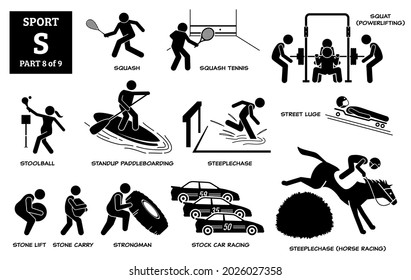 Sport games alphabet S vector icons pictogram. Squash, squash tennis, squat, stoolball, standup paddleboarding, steeplechase horse, street luge, stone lift carry, strongman, and stock car racing.