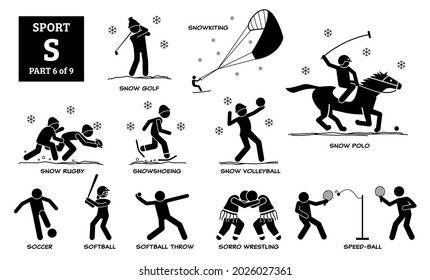 Sport games alphabet S vector icons pictogram. Snow golf, snowkiting, snow rugby, snowshoeing, snow volleyball, snow polo, soccer, softball, softball throw, sorro wrestling, and speed-ball. 