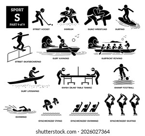 Sport Games Alphabet S Vector Icons Pictogram. Street Hockey, Sumo, Surfing, Street Skateboarding, Surf Kayaking, Surfboat Rowing, Swish, Swamp Football, Synchronized Swimming Diving, And Skating.