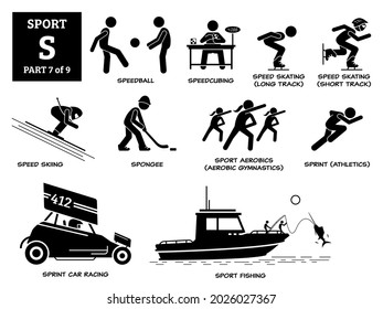 Pictograma del alfabeto del vector S de juegos deportivos. Baloncesto, velocípedo, patinaje rápido, esquí rápido, esponja, gimnasia aeróbica, atleta de sprint, carreras de autos sprint y pesca deportiva. 