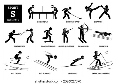 Sportspiele Alphabet S Vektorsymbole Piktogramm. Showdown, Shuffleboard, Sikaran, Singlestick, Skateboarden, Skizzenschießen, Skischuhe, Skelett, Skilanglauf, Skisprung fliegen und Bergsteigen.