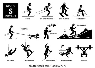 Sport games alphabet S vector icons pictogram. Skiing, ski orienteering, skiboarding, skibobbing, skijoring, skittles, skyrunning, skydiving, skysurfing, slacklining, slalom skiing, and snatch lifting