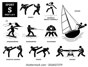 Sport games alphabet S vector icons pictogram. Sambo, sandball, beach handball, sailing, sandboarding, sandsurfing, schwingen, sanshou, sanda, savate, and sawing. 