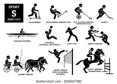 Sport games alphabet S vector icons pictogram. Scootering, scooter freestyle, self balance polo, shinty, sculling rowing, seatball, shot put, hurling, scurry driving, sepak takraw and show jumping.