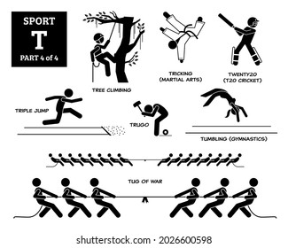 Sport games alphabet T vector icons pictogram. Tree climbing, tricking martial arts, twenty20, triple jump, trugo, tumbling gymnastic, and tug of war.