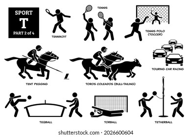 Pictograma de iconos vectoriales T de juegos deportivos. Tennikoit, tenis, tenis, tenis, fútbol, pegado a carpas, toros coleados, carreras de carros de excursión, baloncesto, torbol y teterball. 