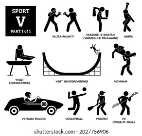 Pictograma del alfabeto V vectorial de juegos deportivos. Vajra-mushti, varzesh-e Bastani, varpa, gimnasia bóveda, skateboarding, vovinam, carreras vintage, voleibol, vigoro y vx rock-it-ball. 