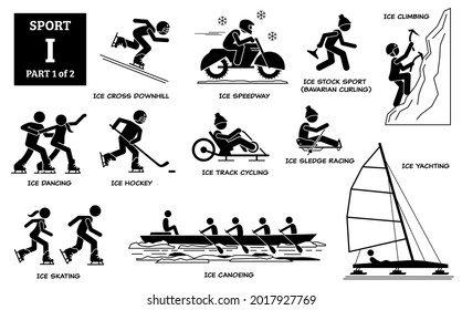 Sportspiele Alphabet I Vektorsymbole Piktogramm. Eiskreuz bergab, Speedway, Stocksport, Bayerisches Curling, Klettern, Tanzen, Eishockey, Gleisradfahren, Schlittenrennen, Schlittschuhlaufen, Kanufahren und Segeln