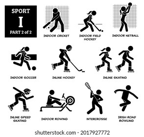 Sport games alphabet I vector icons pictogram. Indoor cricket, field hockey, netball, indoor soccer, inline hockey, inline skating, speed skating, rowing, intercrosse, Irish road bowling.