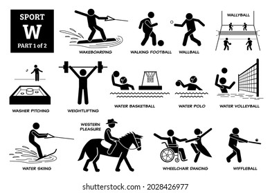 Sport games alphabet W vector icons pictogram. Wakeboarding, walking football, wallyball, washer pitching, water basketball, polo, volleyball, skiing, western pleasure, wheelchair dance, wiffleball.