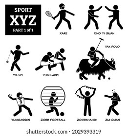 Sport games alphabet X, Y, and Z vector icons pictogram. Xare, xing yi quan, yo-yo, yubi lakpi, yak polo, yukigassen, zorb football, zourkhaneh, and zhi quan.