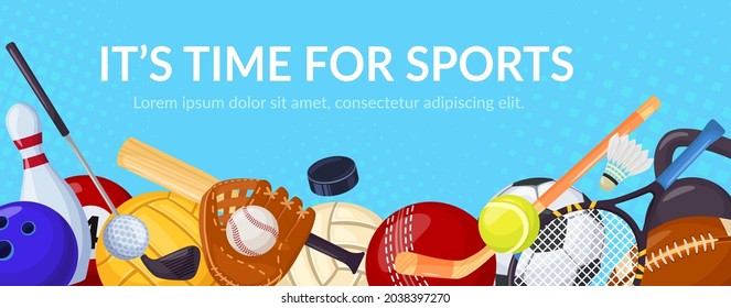 Sport games banner with sports equipment. Tennis, volleyball, football. Cartoon ball games sporting activity, healthy lifestyle vector background. Fitness items for hobby or leisure