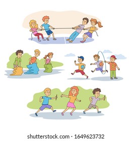 Sport games for children characters scenes set. Sportive competition in kindergarten cartoon. Rope pulling, jumps in sacks and through hoop with ball, relay race. Vector flat illustration