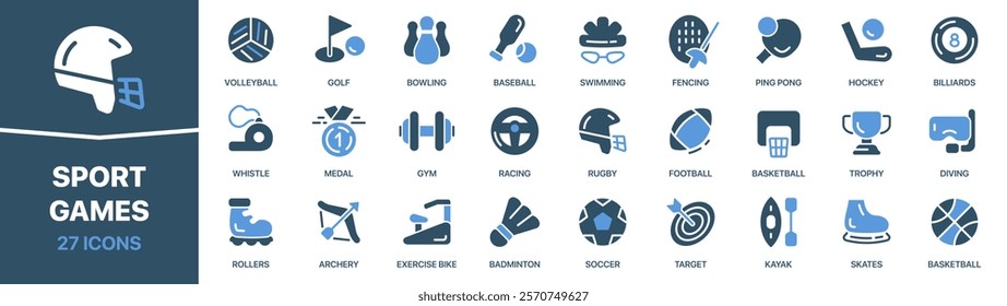 Sport and games colored signed icon collection. Football, gym, baseball, bowling, soccer, basketball icons. UI icon set. Colored icons pack. Vector illustration EPS10