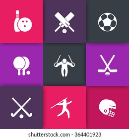 sport, games, competition icons on squares, vector illustration