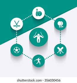 sport, games, competition round icons in teal and white, vector illustration