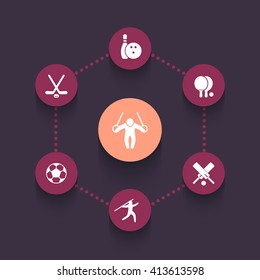 sport, games, competition round icons set, sport pictograms, vector illustration